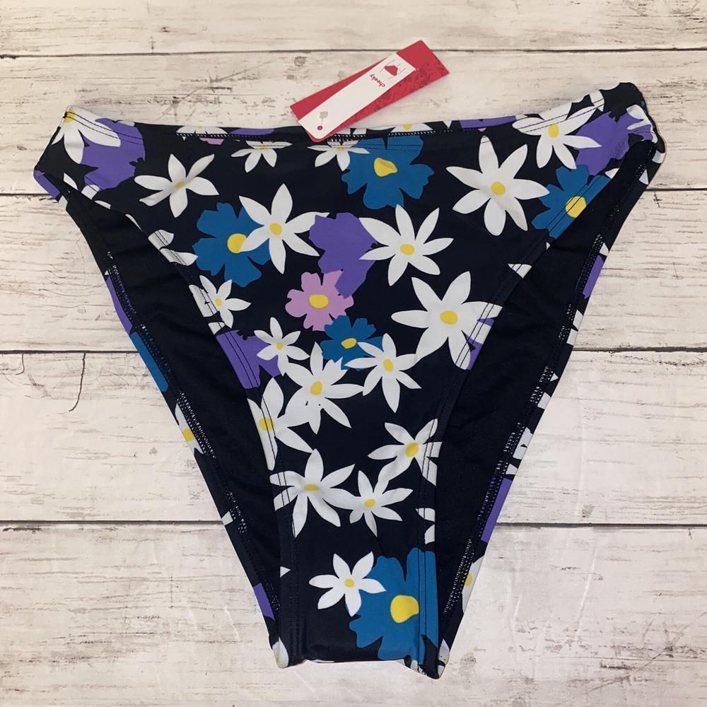 Xhilaration Bikini Bottom Womens M Black Floral Purple Swim Cheeky High Waist M